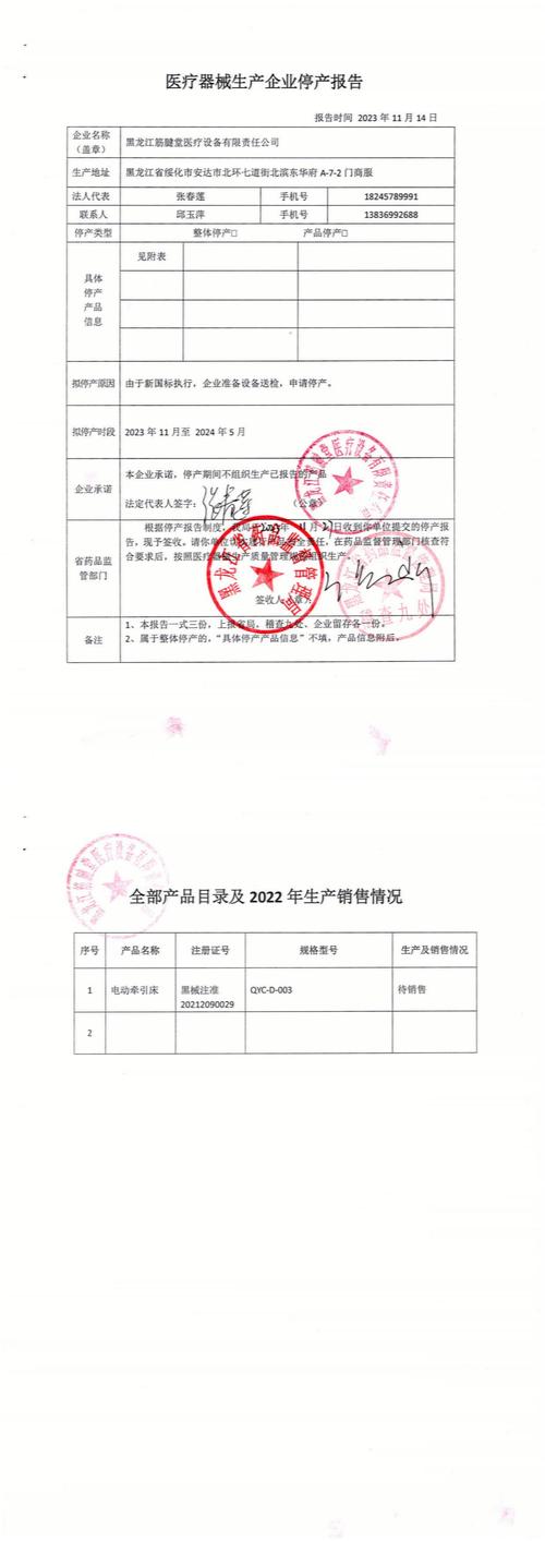医疗器械生产企业停产报告表(黑龙江筋腱堂医疗设备有限责任公司)